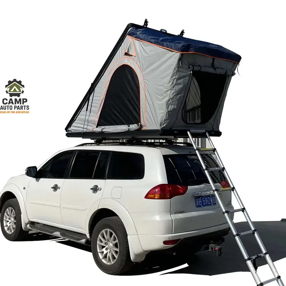 Aluminum wedge roof top tent with extended rainfly awning front view