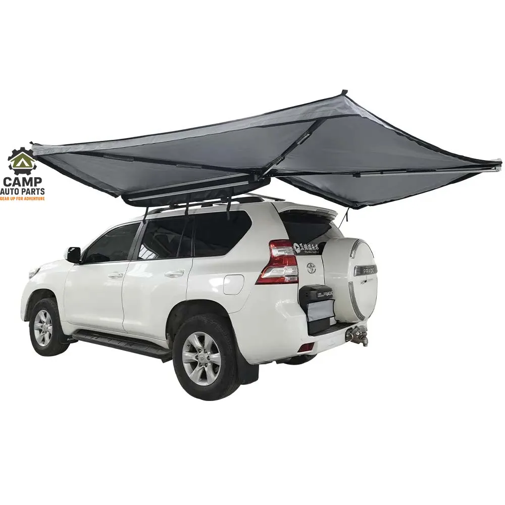 Side view of grey 270 degree batwing style awning fully open, heavy-duty ripstop canvas, ideal for overland equipment distributors.