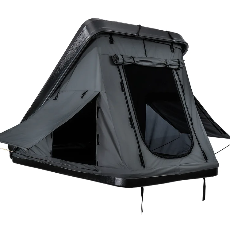 ABS triangle hard shell roof tent in grey, featuring aerodynamic design and wind resistance, ideal for wholesale camping gear.