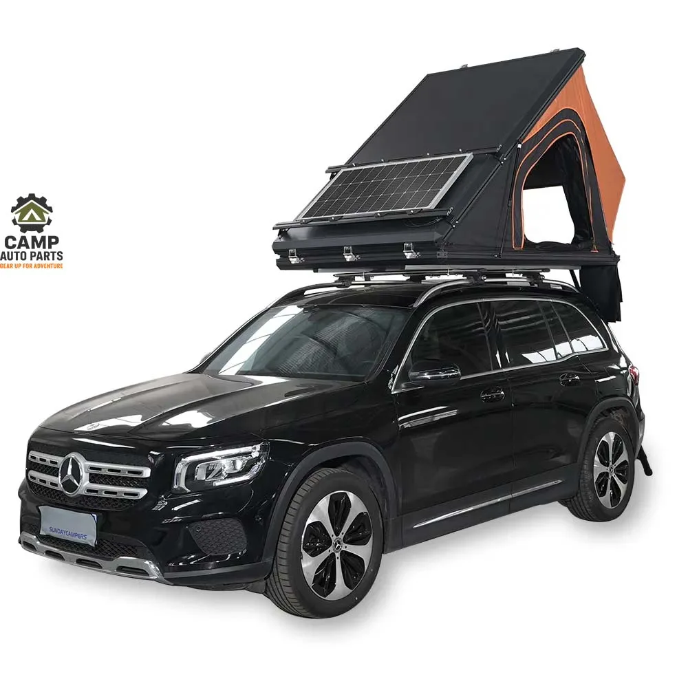 Side view of open aluminum triangle roof tent (Orange/Black) with solar panel compatibility, durable overland gear for B2B wholesale.