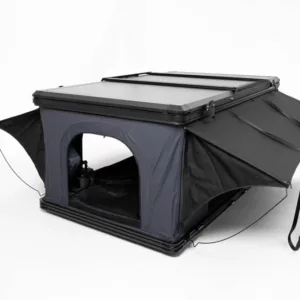 Side view of aluminum pop-up roof tent fully deployed with rain flys, featuring a box-style vertical lift design for maximum headroom.