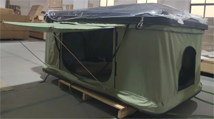 Aluminum Pop-Up Roof Top Tent (1.25m - 1.45m) | Vertical Lift 6 Green box-style roof top tent displayed in factory, showing extended window awnings and high-quality ABS shell for wholesale.