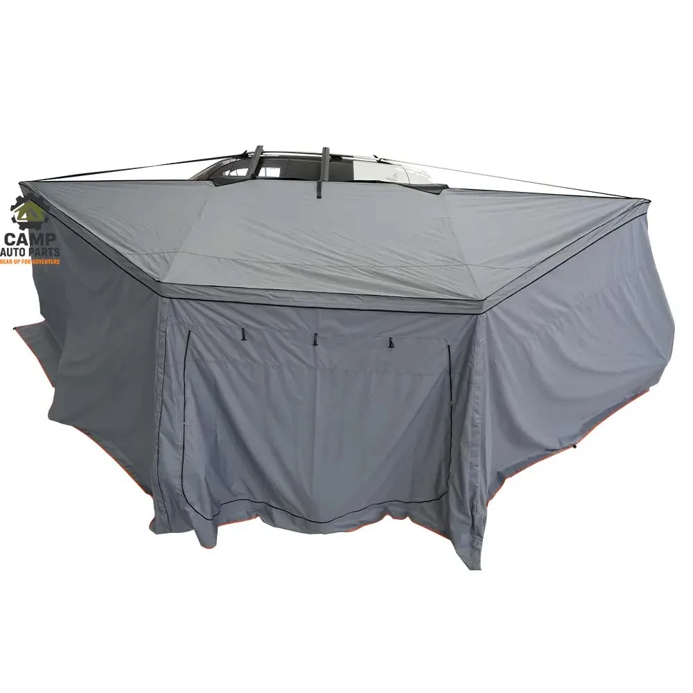 Camp Auto Parts 180-degree batwing awning with fully enclosed annex room for privacy and wind protection.
