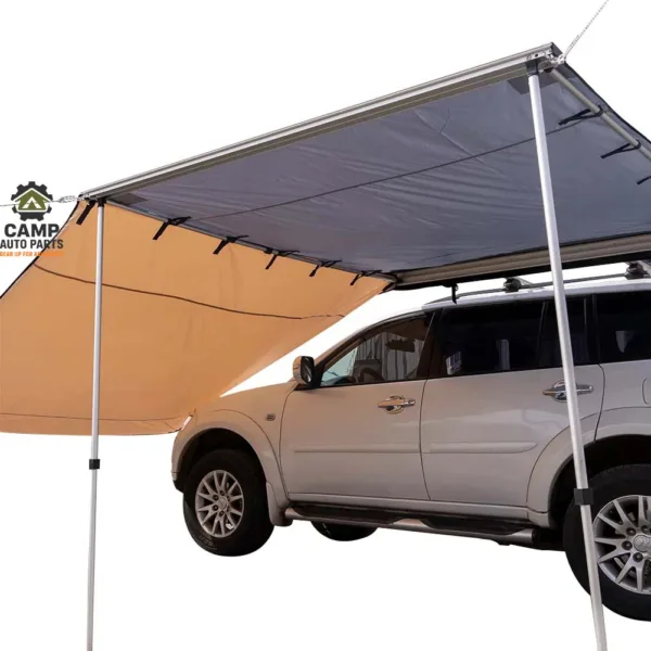 Camp Auto Parts car awning featuring an optional downward sunshade extension wall.