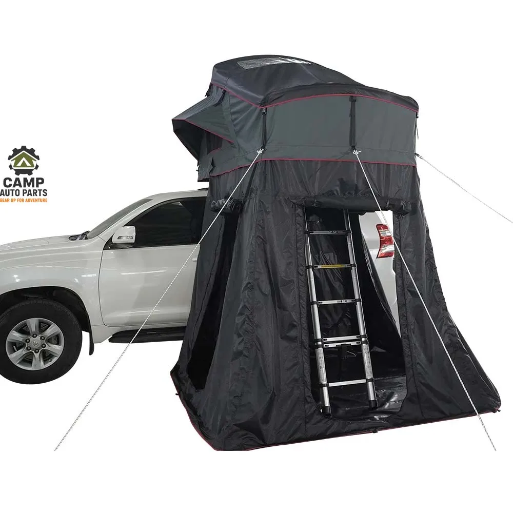 Front view of Camp Auto Parts extended roof tent showing the sheltered ladder entry inside the annex room.