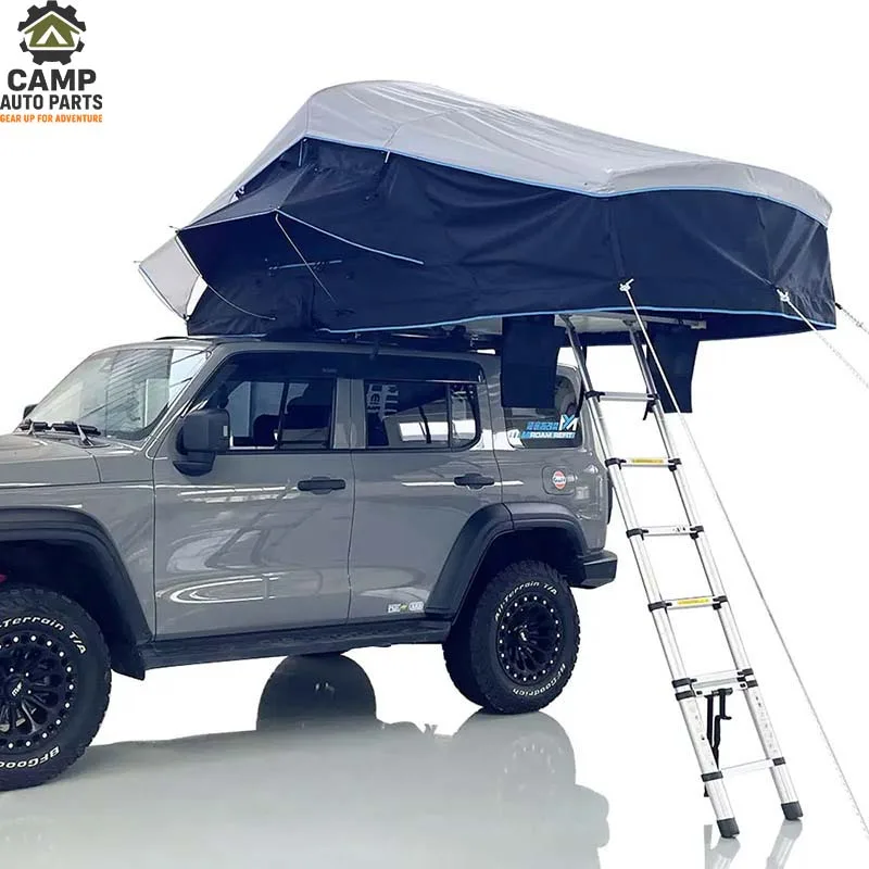 Open view of the Camp Auto Parts soft shell extension tent showing the covered ladder entry area for weather protection.