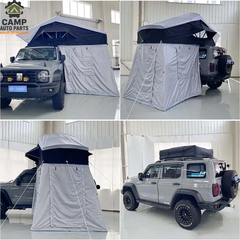 Multi-view collage showing Camp Auto Parts tent with annex room deployed and in packed travel cover mode.