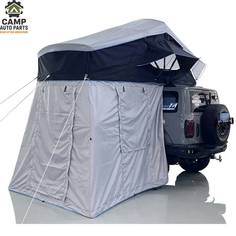 ABS Side Open Roof Top Tent (4-5 Person Family Size) | OEM Factory 29 Camp Auto Parts soft shell roof top tent featuring a full-enclosure grey annex room for privacy and extra storage.