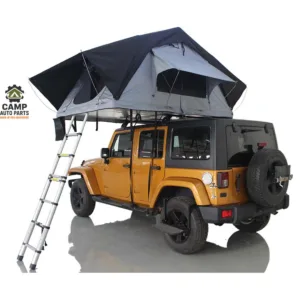 Close-up of Camp Auto Parts tent rainfly and window awnings for maximum weather protection.