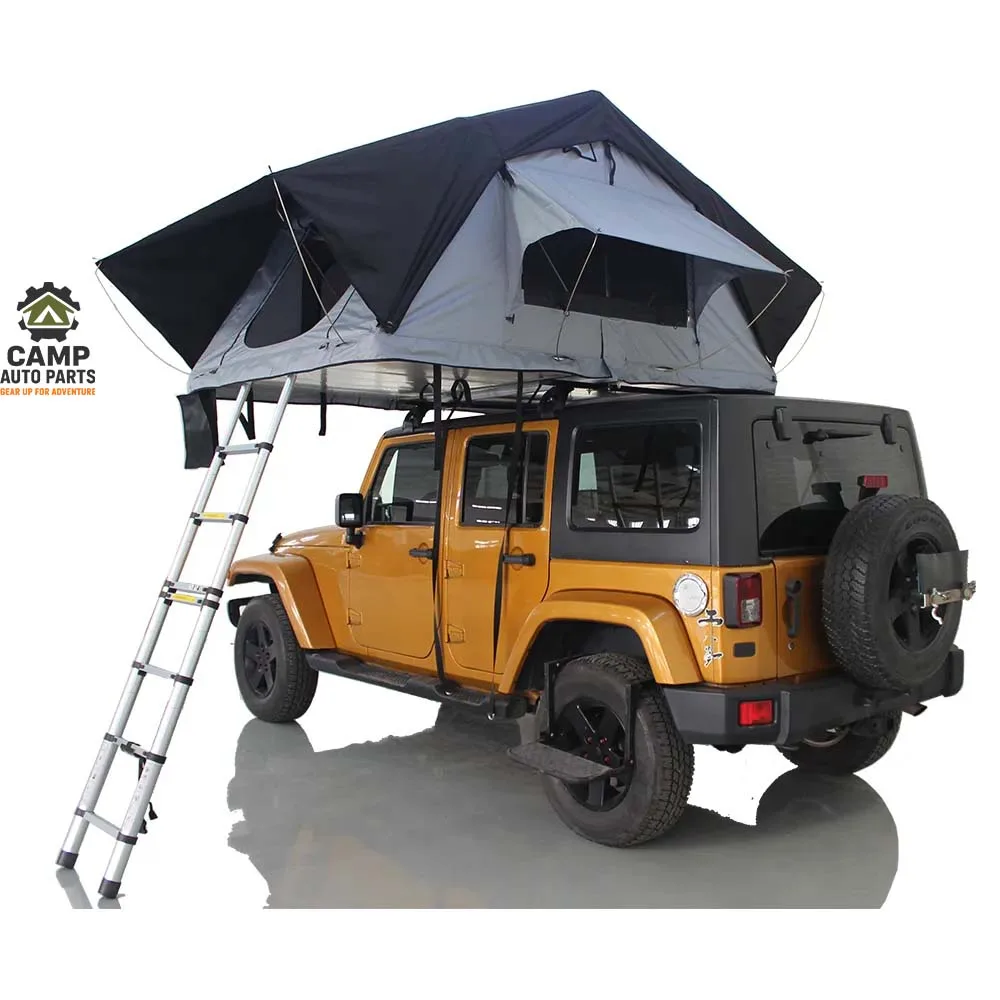 Close-up of Camp Auto Parts tent rainfly and window awnings for maximum weather protection.