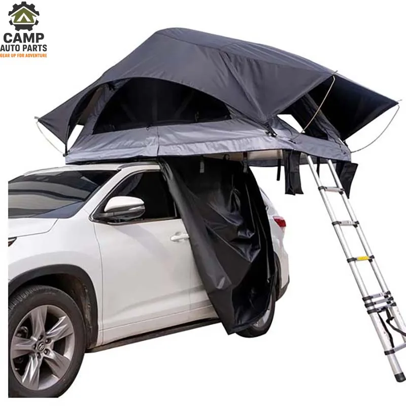 Side profile cutout of Camp Auto Parts roof top tent illustrating the compact fold-out design and rain protection features.
