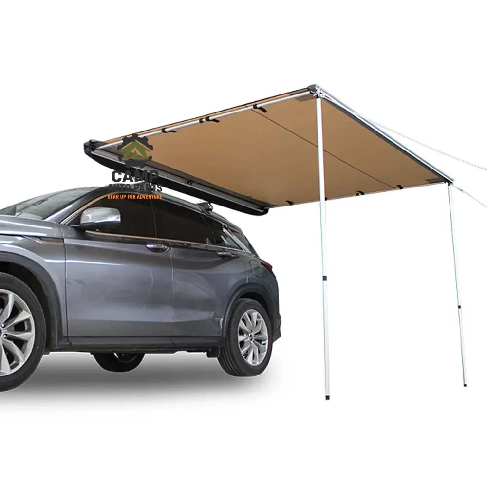 Side view of waterproof khaki vehicle awning by Camp Auto Parts for 4x4 camping.