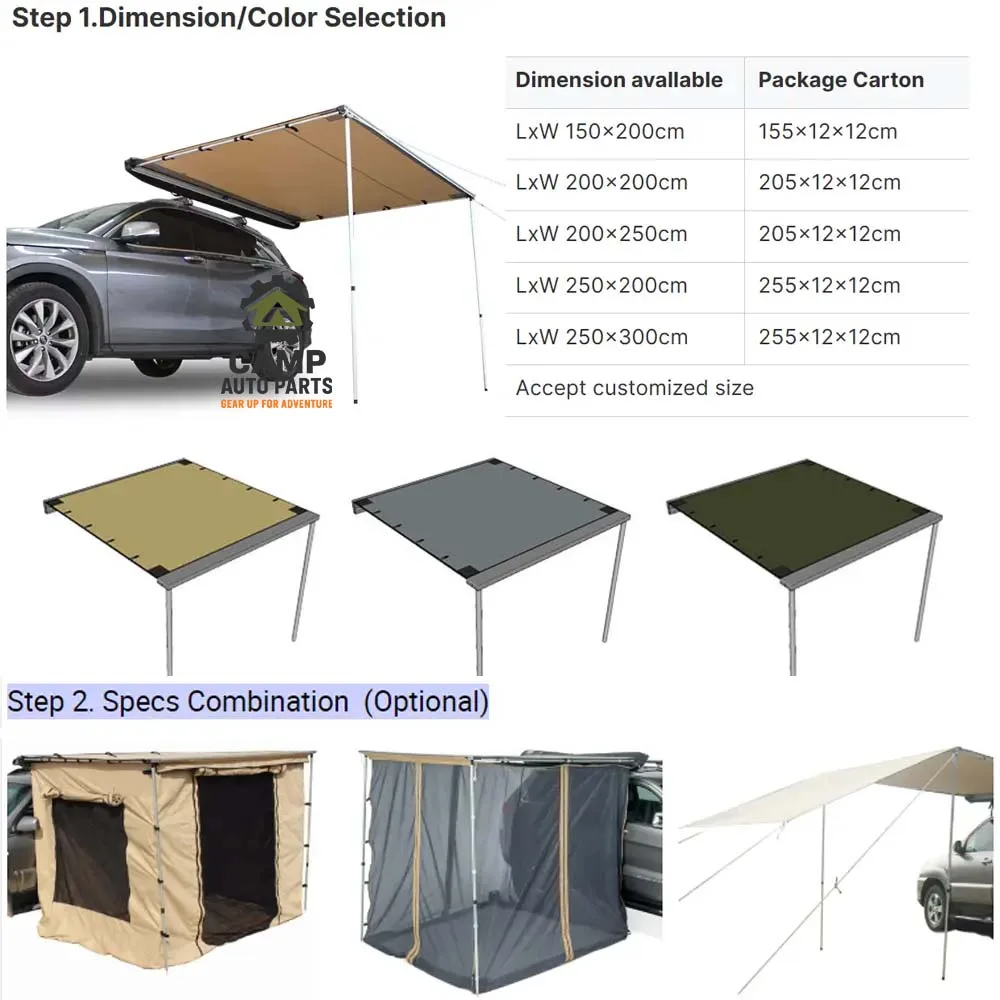 Camp Auto Parts wholesale spec sheet showing awning sizes (1.5m-3m) and color options.