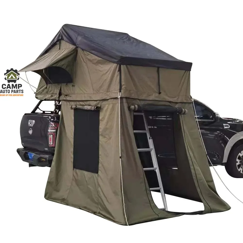 Product image of camping roof tent with changing room (Annex), showing spacious entry and ventilation, available for OEM customization.