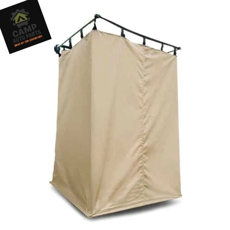 Beige car side shower tent fully deployed, providing a private changing room or shower enclosure for overland camping.