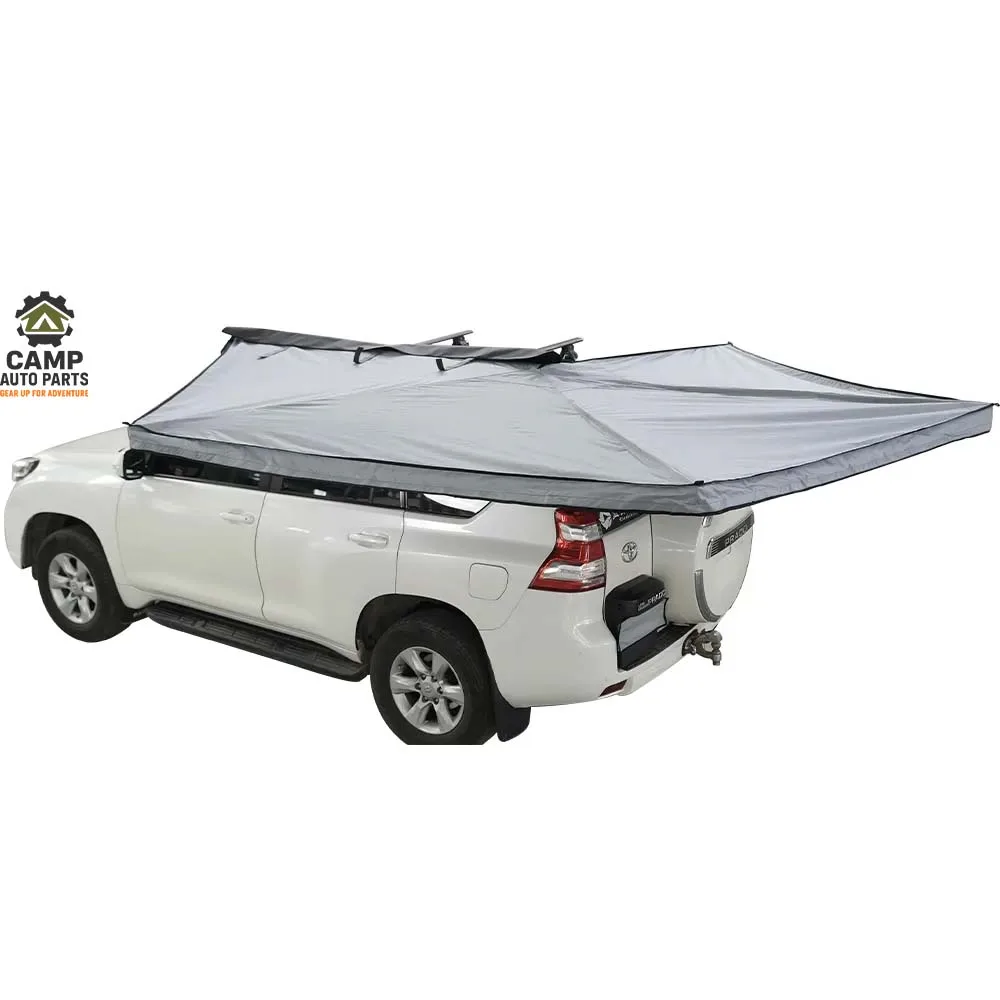 Top view of deployed freestanding 270 degree awning on SUV, offering wide shade coverage without poles, wholesale directly from Camp Auto Parts factory.