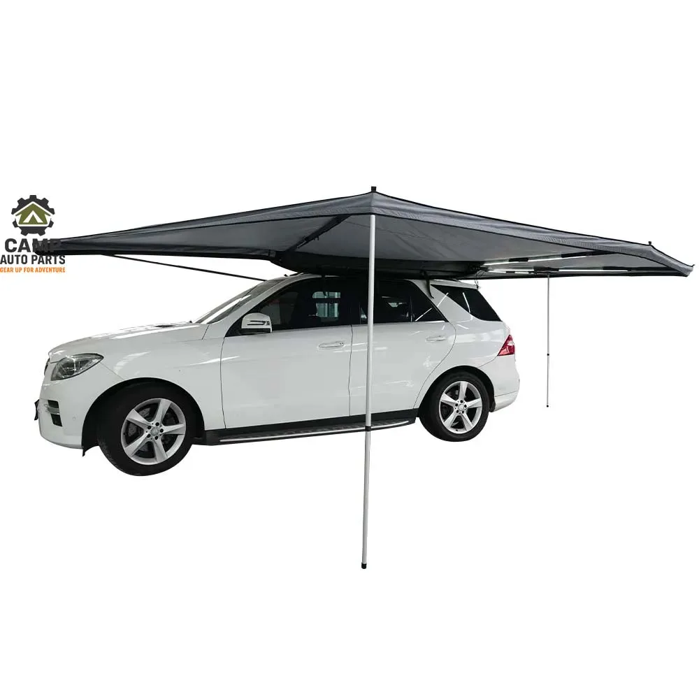 Freestanding 270-degree Plus awning deployed on SUV. Heavy Duty Aluminum Alloy arm structure offering 30-second Setup from a professional Manufacturer.