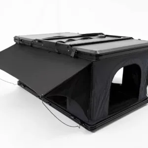 Top view of hard shell roof tent equipped with integrated cross bars (luggage rack), allowing for extra cargo carrying capacity.