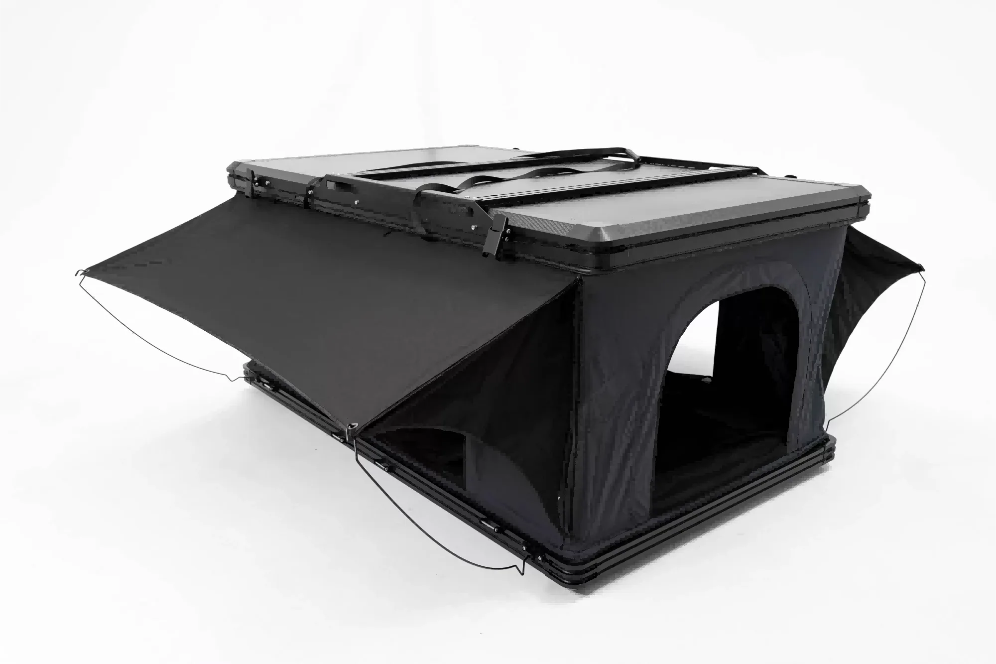 ABS Triangle Roof Top Tent (30s Setup) | Insulated Clamshell RTT | OEM Factory 6 Top view of hard shell roof tent equipped with integrated cross bars (luggage rack), allowing for extra cargo carrying capacity.