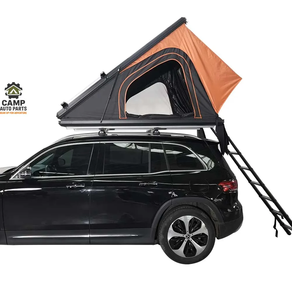 Aluminum Triangle Roof Top Tent (30s Setup) | Wedge Hard Shell RTT 1 Full profile view of triangle aluminum RTT set up on vehicle, showing high-quality canvas and sturdy aluminum shell, OEM/ODM supplier.