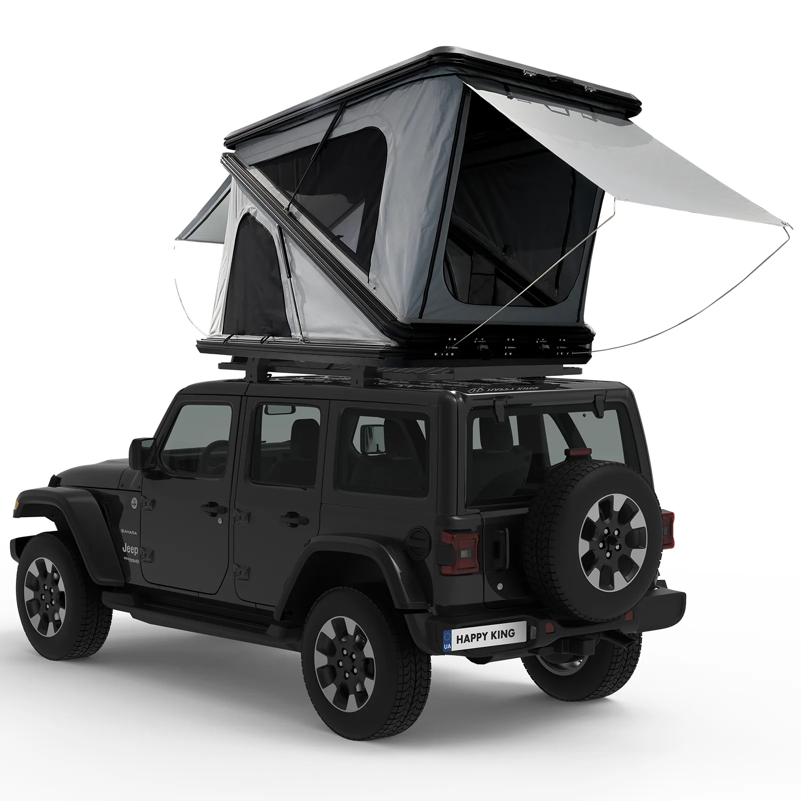 Z-Shape Aluminum Roof Top Tent (Stand Up Inside) | Luxury Hard Shell RTT 1 Rear view of Z-style aluminum roof tent on Jeep Wrangler, showcasing rear awning and aluminum shell construction, available for OEM/ODM.