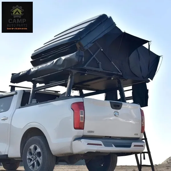 Deployed ABS Shell side-opening roof top tent on pickup truck. Luxury Heavy Duty tent with Aluminum Alloy honeycomb base, offering 360 Panoramic View for family camping.