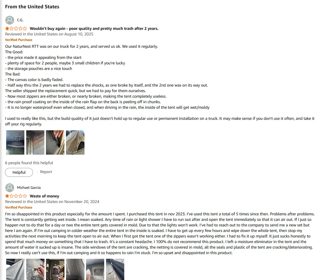 Don't Copy, Improve: How to Reverse Engineer Market Leaders to Build a Better Rooftop Tent? 2 One-star review on the use of a roof tent on Amazon