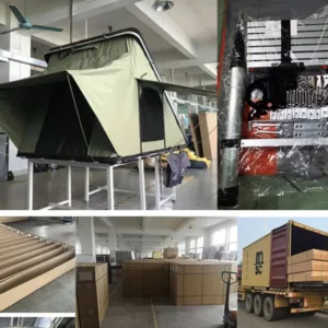 Home 47 Composite image showing finished tent, accessories kit, and Container Loading. Complete Export Service for global buyers.