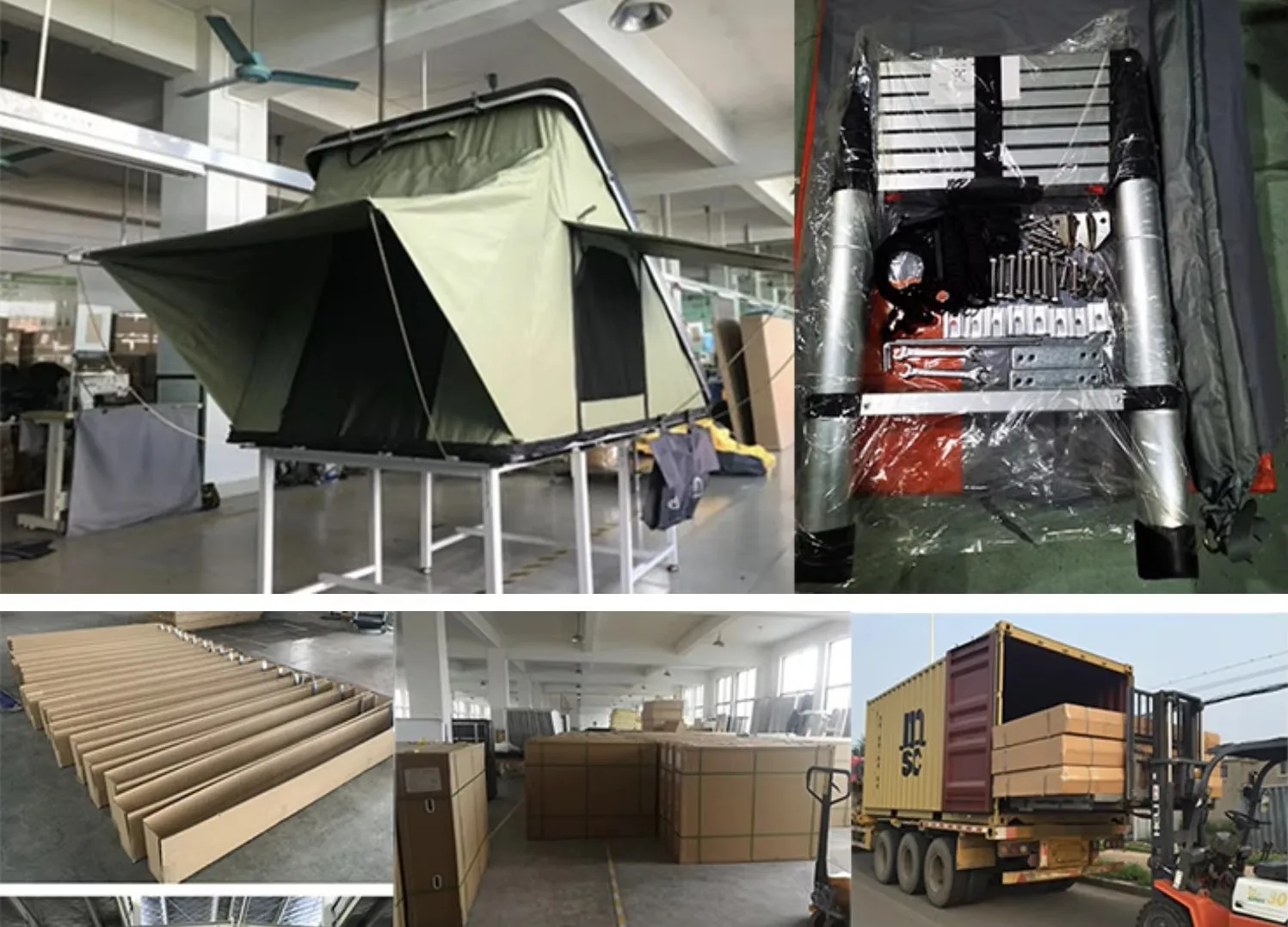 Composite image showing finished tent, accessories kit, and Container Loading. Complete Export Service for global buyers.