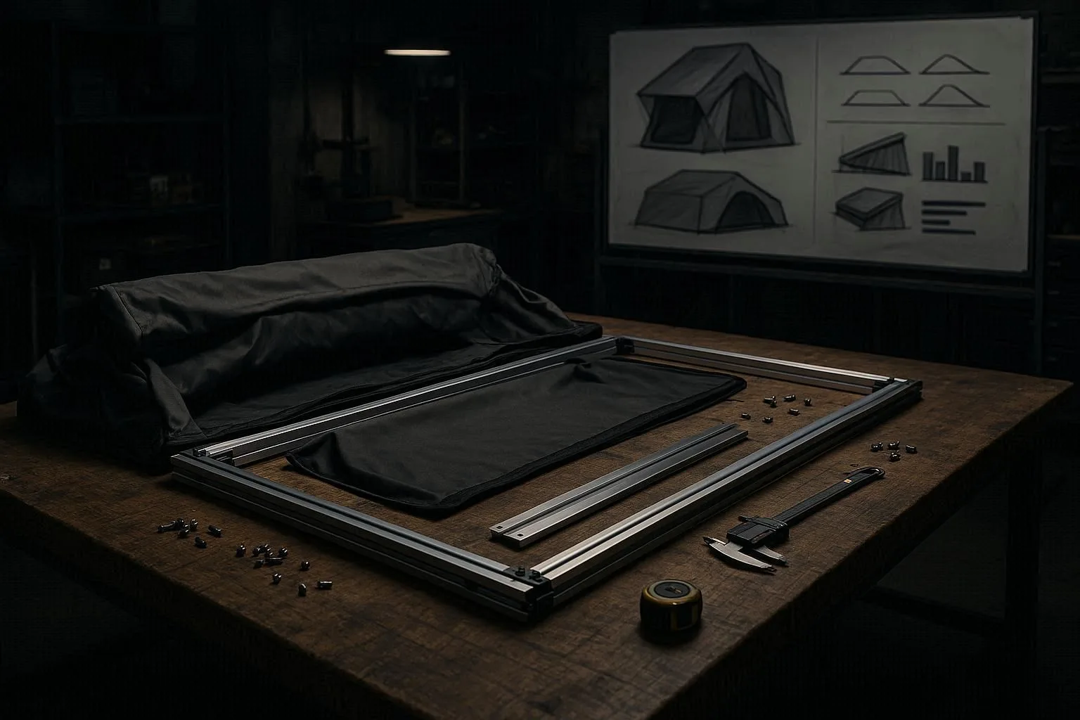 Split screen concept art illustrating the reverse engineering process: evolving a generic standard roof top tent into a high-tech, reinforced OEM model with solar coating and premium upgrades.