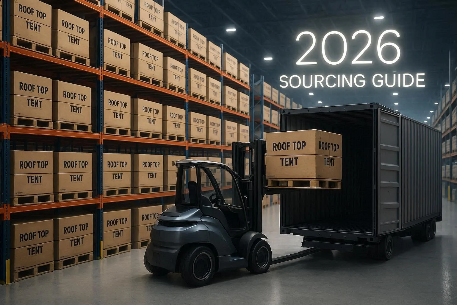 2026 logistics warehouse with roof top tent inventory ready for global shipping.
