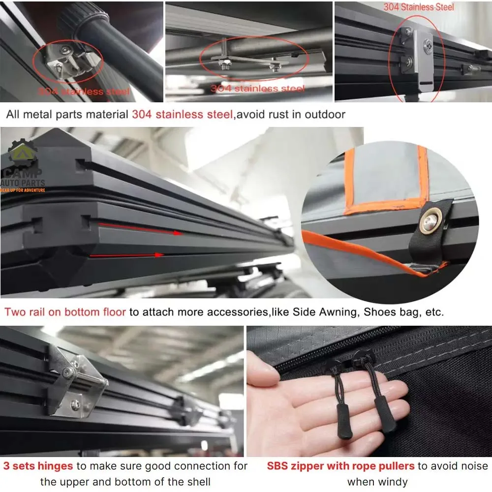 Close-up of 304 stainless steel hinges, SBS zippers, and mounting rails on aluminum roof tent, ensuring rust-proof durability for outdoor use.