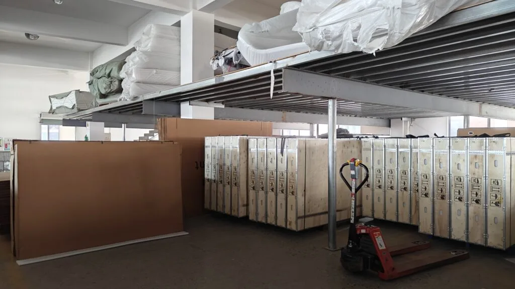 Secure wooden crate packaging in warehouse. Ensuring damage-free delivery for International Shipping of roof top tents.