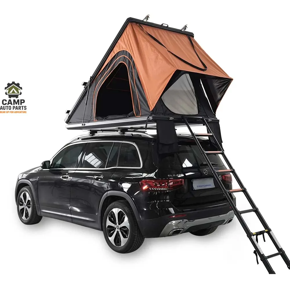 ABS Side Open Roof Top Tent (4-5 Person Family Size) | OEM Factory 4 Rear view of triangle hard shell roof top tent featuring black telescopic ladder and large entrance, available for bulk order from factory.