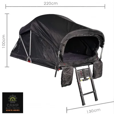 Camp Auto Parts ultralight soft top roof tent (Model RT20) mounted on a small SUV. Compact design for easy camping.