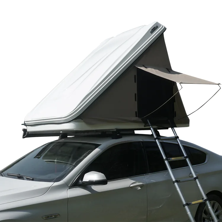 ABS Side Open Roof Top Tent (4-5 Person Family Size) | OEM Factory 7 White ABS shell roof tent mounted on a sedan, highlighting universal fitment and cold resistance for diverse vehicle types.